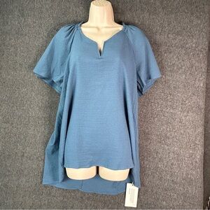 BloomChic Blouse Womens 10 Blue Solid Textured Raglan Short Sleeve Tunic